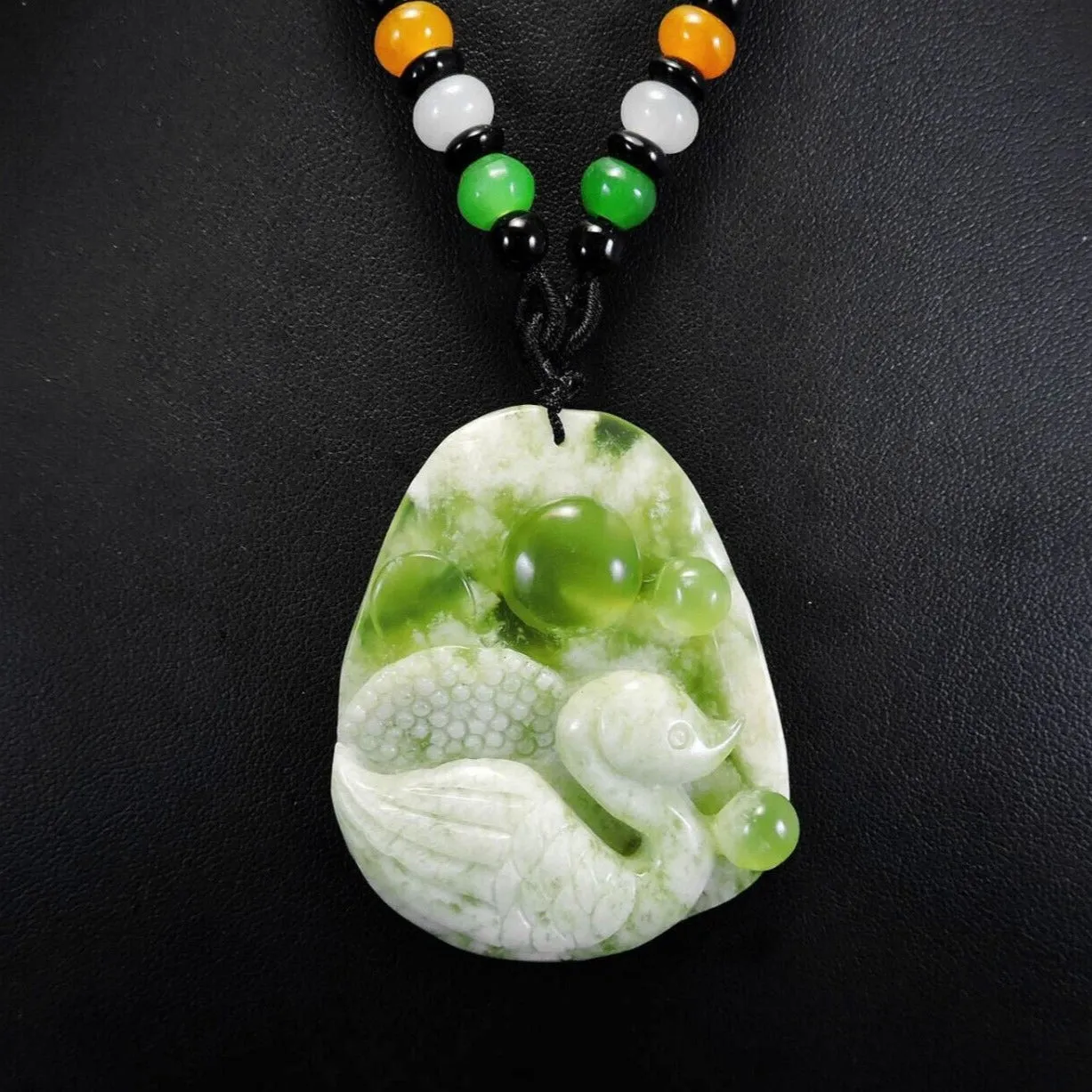 100% Natural Hand-Carved Jade Pendant Jadeite Necklace Swan & Coin