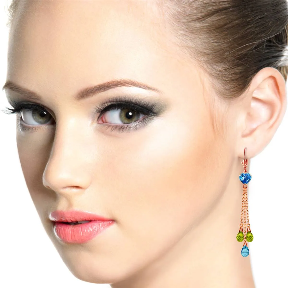 14K Solid Rose Gold Chandelier Earrings Briolette Blue Topaz & Peridots