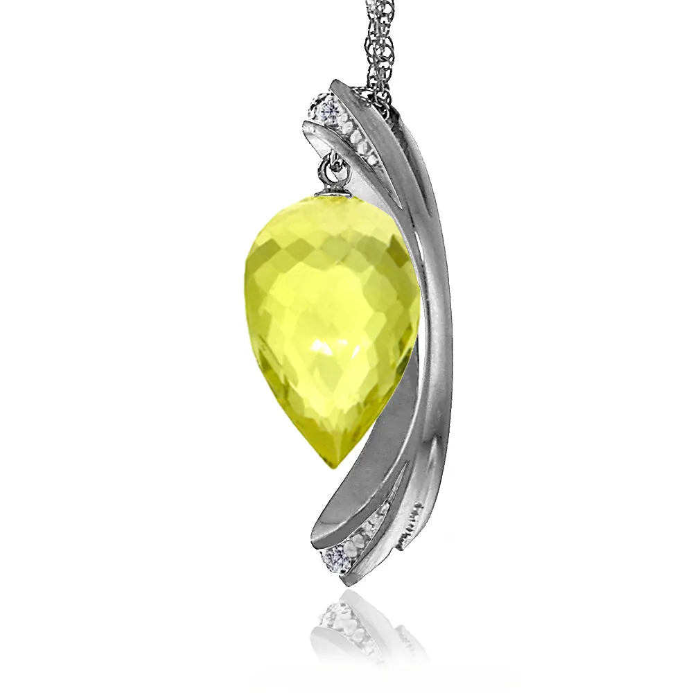 14K Solid White Gold Necklace w/ Diamonds & Briolette Pointy Drop Lemon Quartz