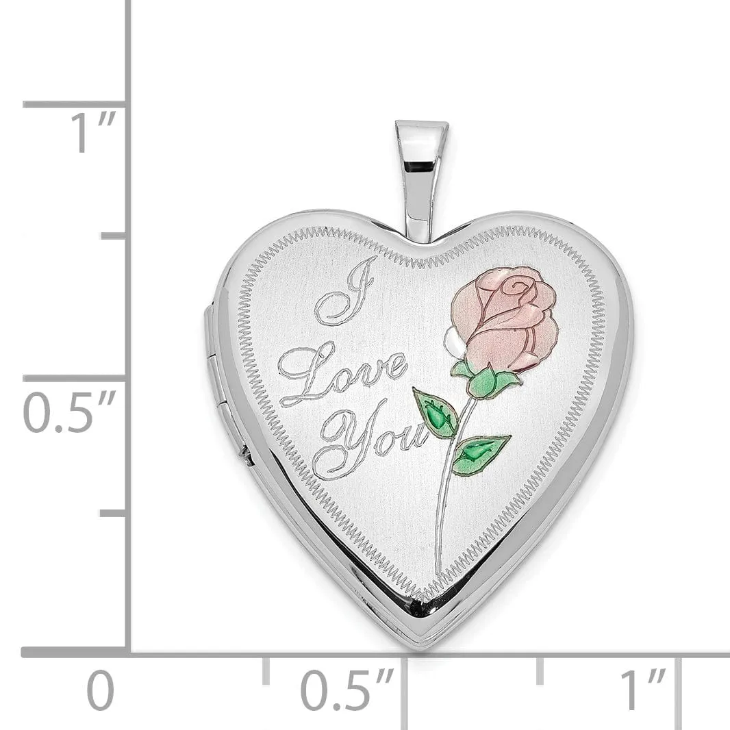 14k White Gold 20MM Rose I Love You Heart Locket