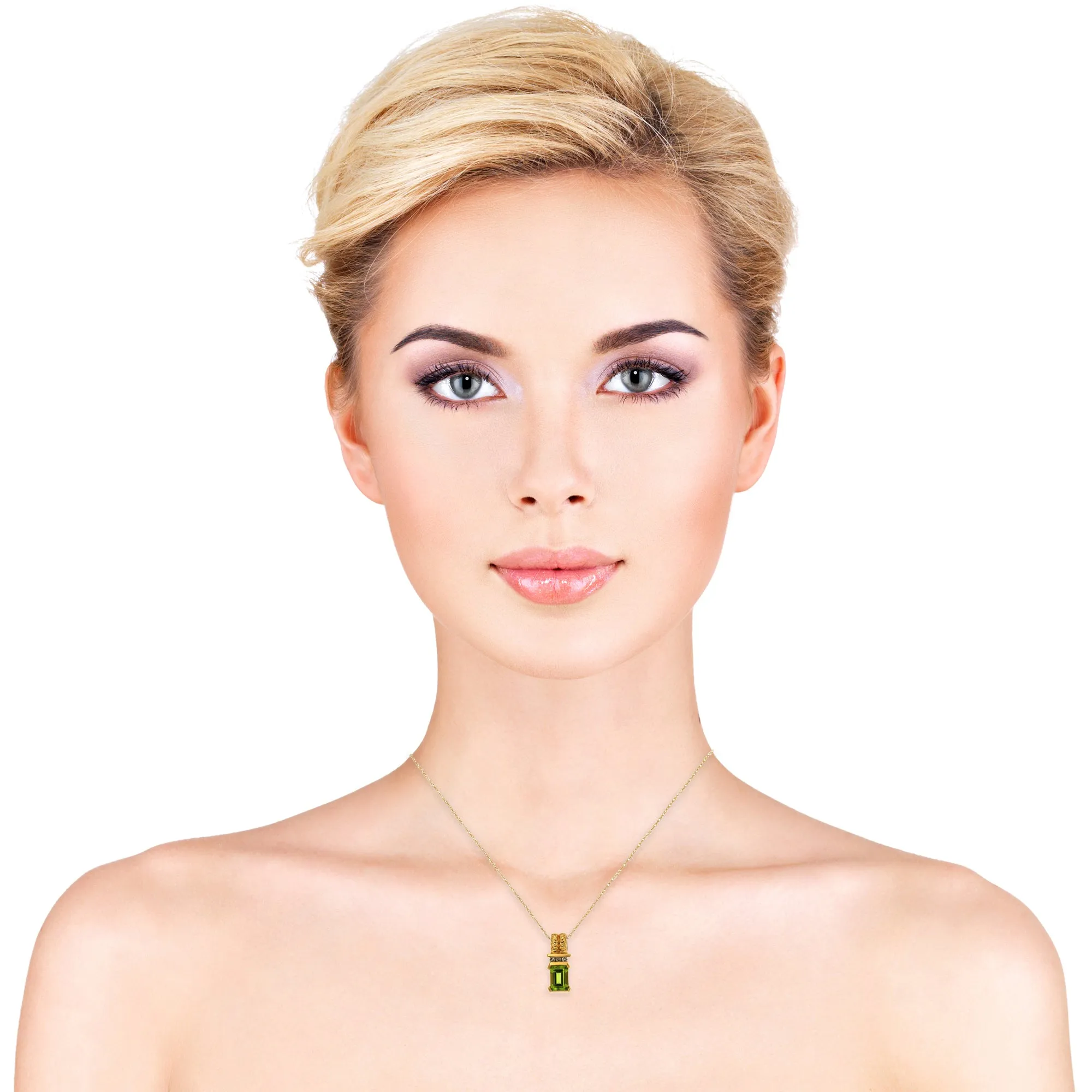 14K Yellow Gold Green Peridot and Diamond Gemstone Pendant, Birthstone of August with 16" Chain.