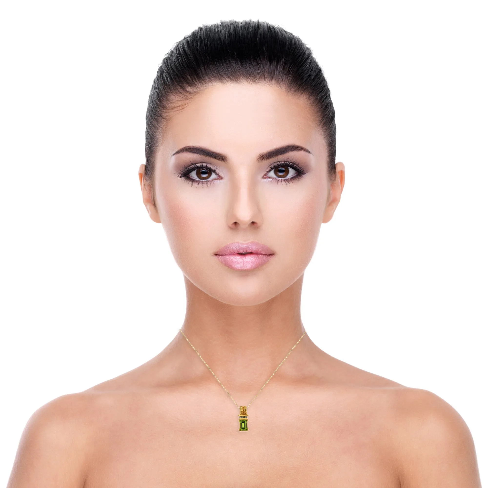 14K Yellow Gold Green Peridot and Diamond Gemstone Pendant, Birthstone of August with 16" Chain.