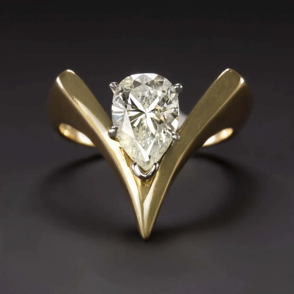1.60ct PEAR CUT DIAMOND VINTAGE COCKTAIL RING V SHAPE STATEMENT 14k YELLOW GOLD