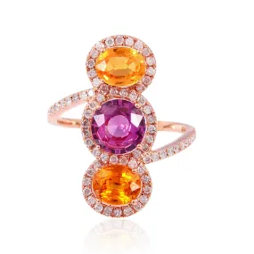 18K Rose Gold Multi Sapphire September Birthstone Pave Diamond Three Stone Ring For Her