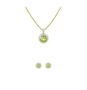 18K Yellow Gold 1ct Halo Peridot Round 18 Inch Necklace and Halo Earrings Set Plated
