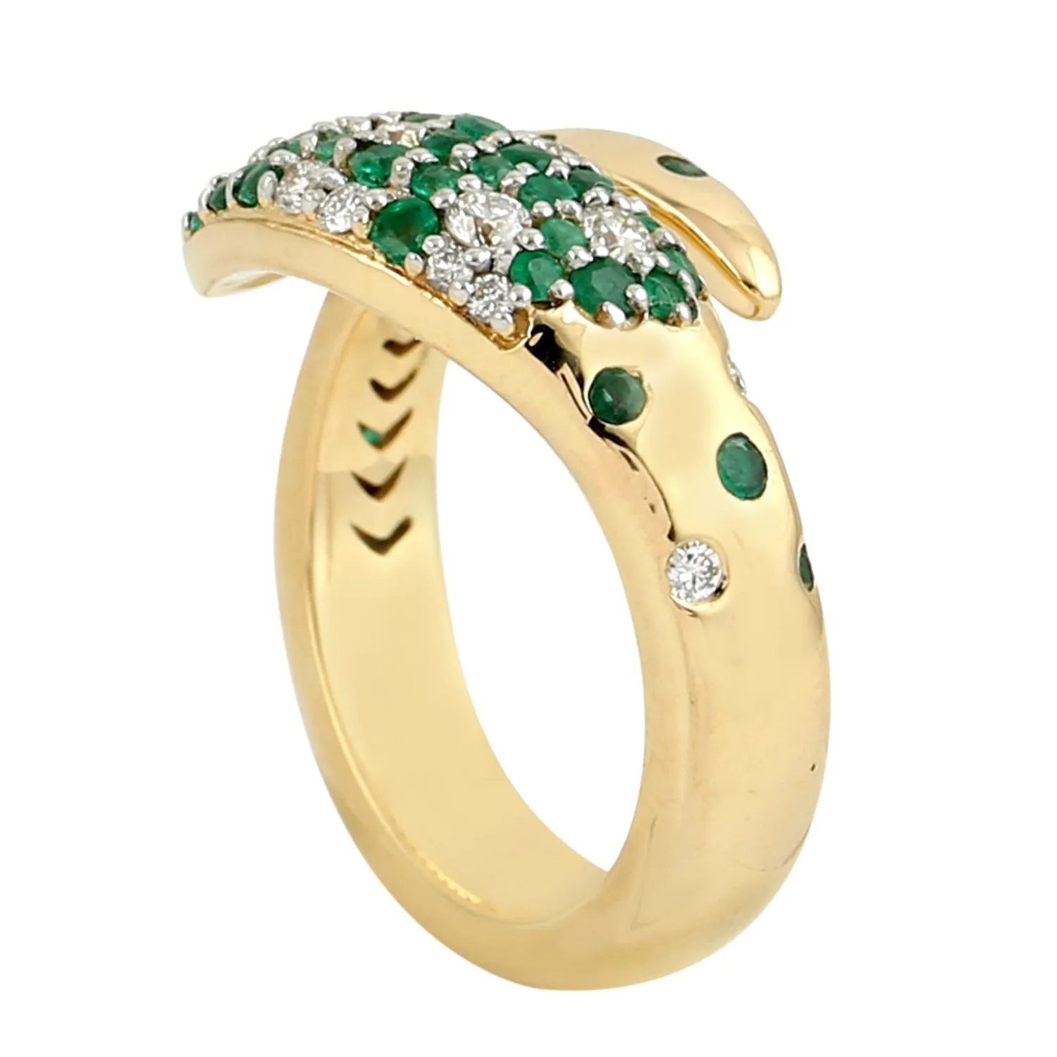 18K Yellow Gold Bezel Set Emerald Natural Diamond Snake Bypass Ring Jewelry For Gifts