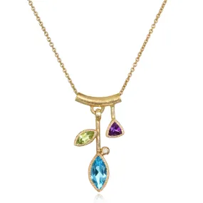 3 Stone Petal Pendant Blue Topaz - 14k Gold with White Diamond, Small