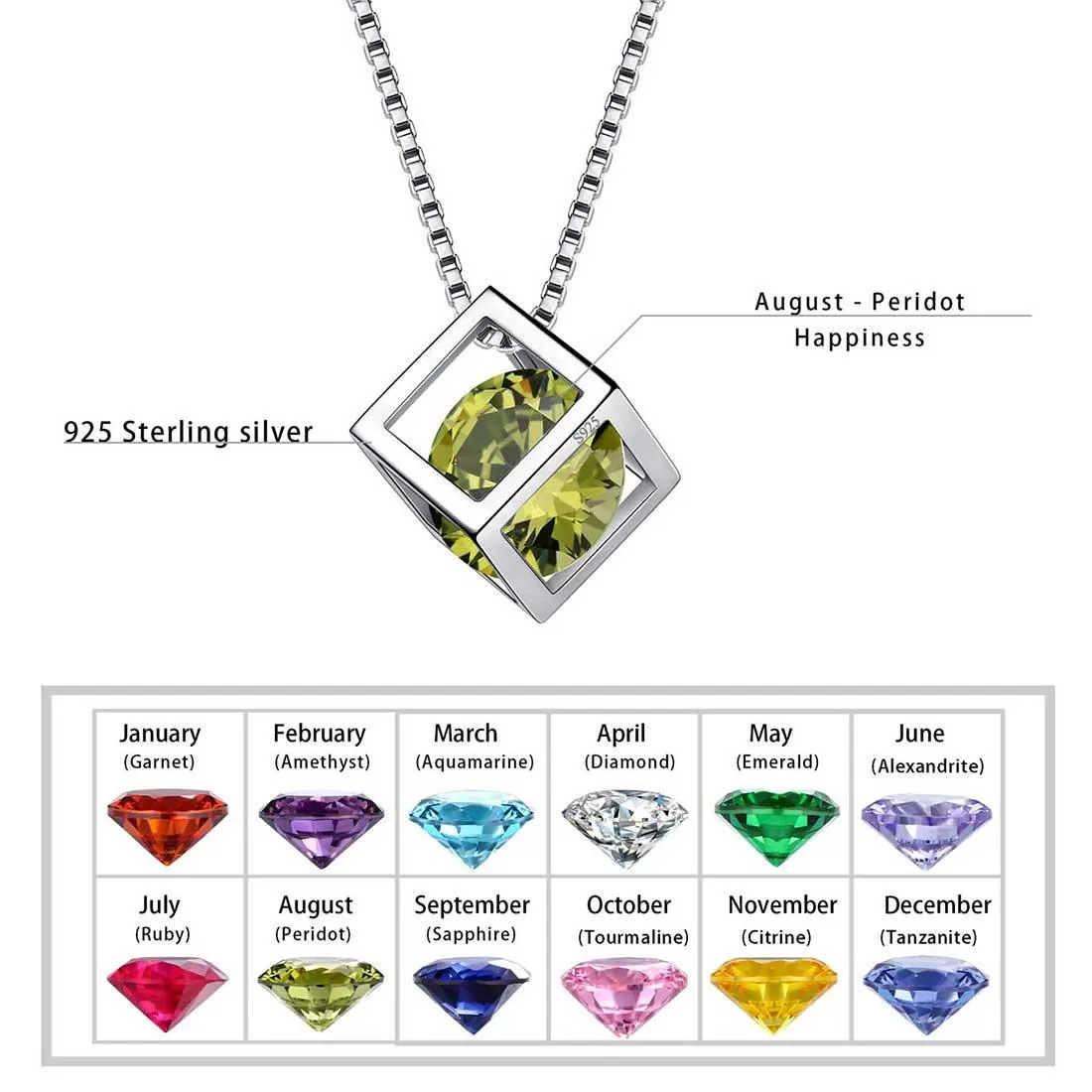 3D Cube Birthstone August Peridot Necklace Pendant Women Girls Jewelry Birthday Gift Sterling Silver