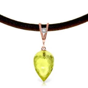 9.01 Carat 14K Solid Rose Gold Leather Necklace Diamond Lemon Quartz