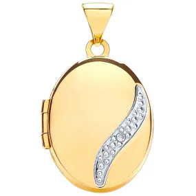 9ct 2 Tone Gold Diamond Set Oval Shaped Locket Pendant Necklace