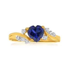 9ct Yellow Gold Created Sapphire Heart   Diamond Ring