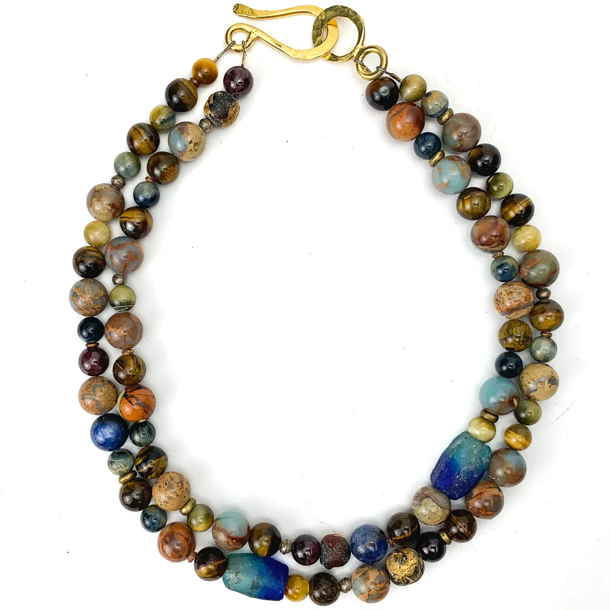 African Opal, Tiger's Eye, Kyanite, Gold-Brushed Terracotta, Java Glass and Brass Double Strand Stacked Necklace