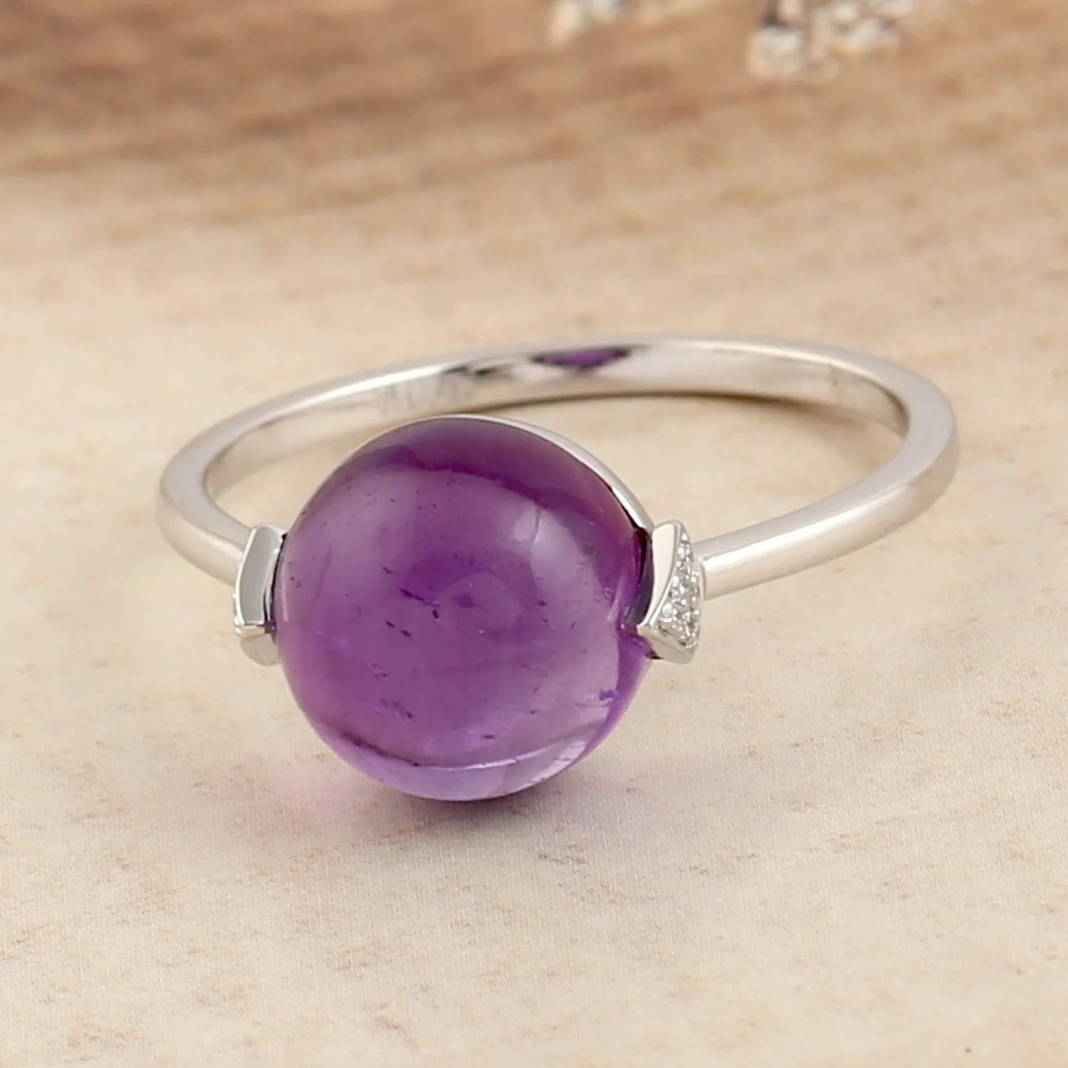 Amethyst Beads Ball Pave Diamond Designer Ring In 18k Gold Women Fashion Jewelry