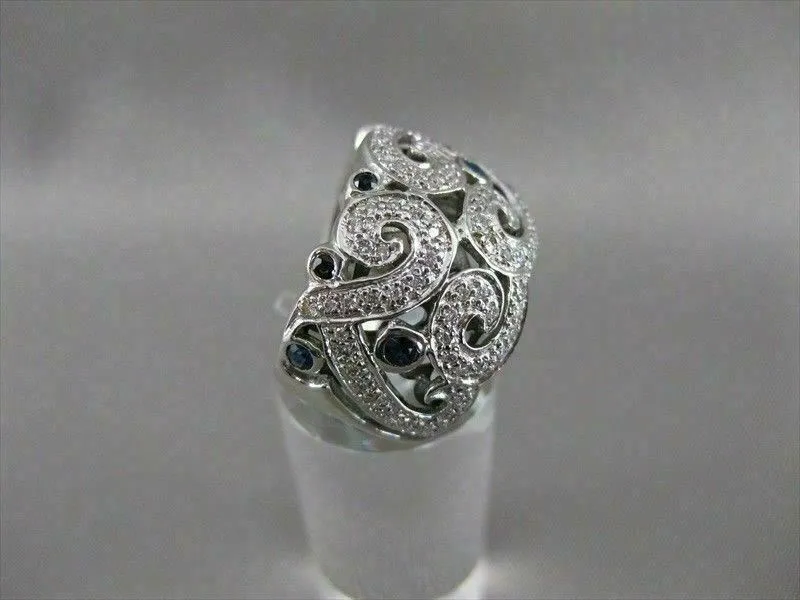 ANTIQUE 1.05CTW SAPPHIRE DIAMOND 14KT WHITE GOLD WIDE FILIGREE BAND RING #20399