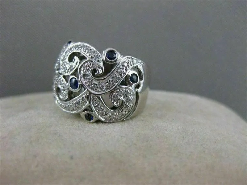 ANTIQUE 1.05CTW SAPPHIRE DIAMOND 14KT WHITE GOLD WIDE FILIGREE BAND RING #20399