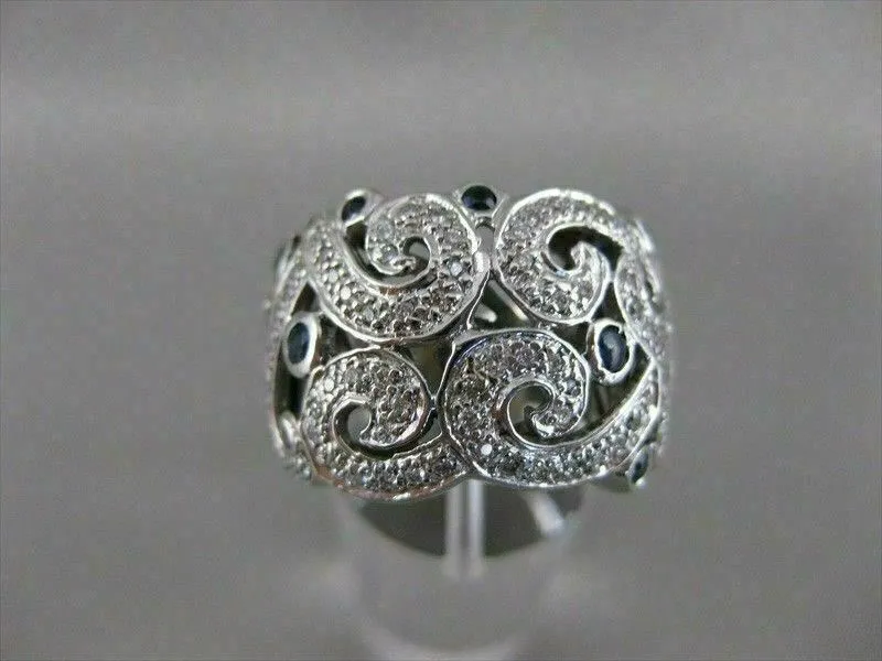 ANTIQUE 1.05CTW SAPPHIRE DIAMOND 14KT WHITE GOLD WIDE FILIGREE BAND RING #20399