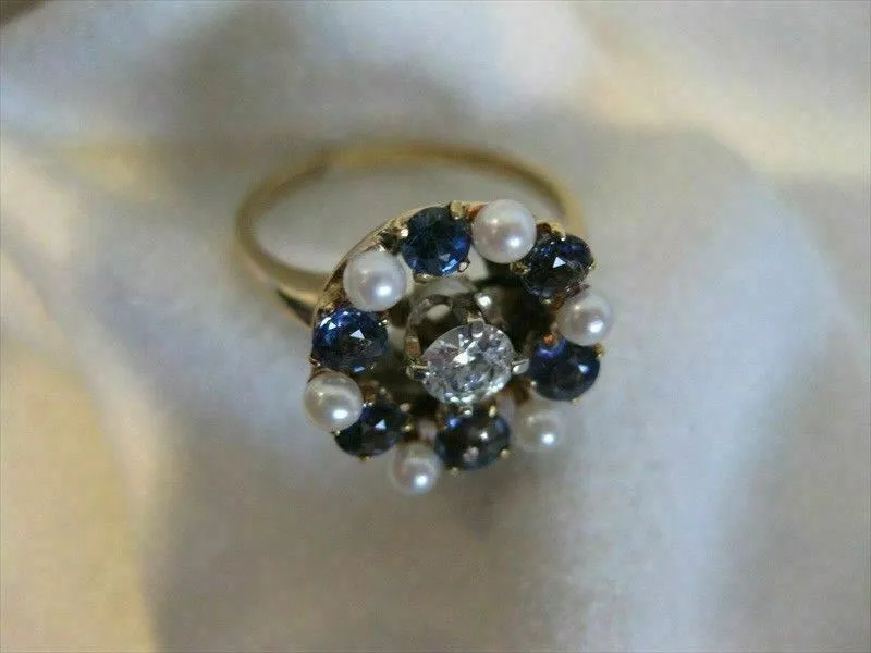 ANTIQUE 1.50CT OLD MINE DIAMOND AAA SAPPHIRE & PEARL 14K YELLOW GOLD 3D RING 815