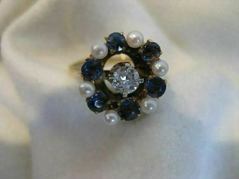 ANTIQUE 1.50CT OLD MINE DIAMOND AAA SAPPHIRE & PEARL 14K YELLOW GOLD 3D RING 815