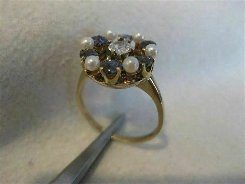 ANTIQUE 1.50CT OLD MINE DIAMOND AAA SAPPHIRE & PEARL 14K YELLOW GOLD 3D RING 815