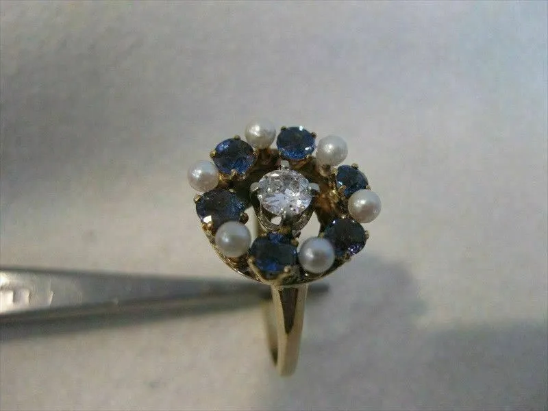 ANTIQUE 1.50CT OLD MINE DIAMOND AAA SAPPHIRE & PEARL 14K YELLOW GOLD 3D RING 815