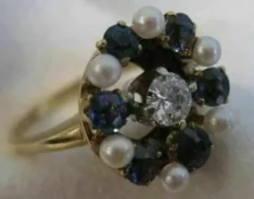 ANTIQUE 1.50CT OLD MINE DIAMOND AAA SAPPHIRE & PEARL 14K YELLOW GOLD 3D RING 815