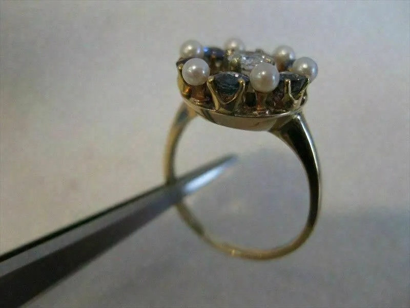 ANTIQUE 1.50CT OLD MINE DIAMOND AAA SAPPHIRE & PEARL 14K YELLOW GOLD 3D RING 815