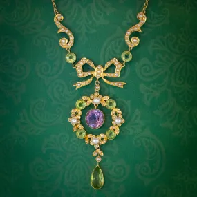 Antique Suffragette Floral Pendant Lavaliere Necklace 18ct Gold Circa 1910