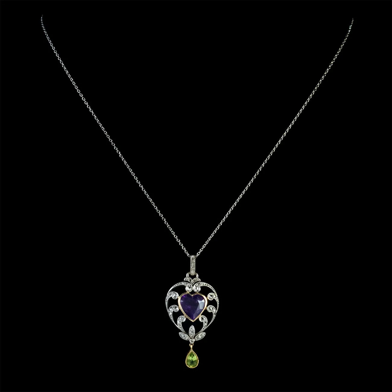 Antique Suffragette Heart Pendant Necklace Platinum 18Ct Gold Edwardian Circa 1910