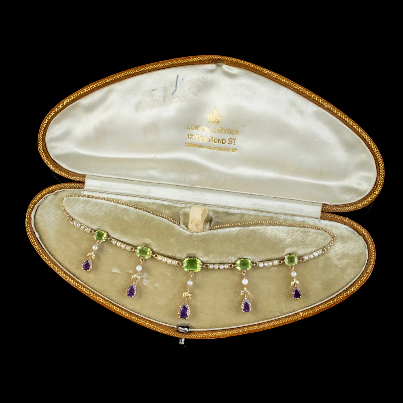Antique Suffragette Necklace 18Ct Gold Amethyst Peridot Pearl Circa 1910 London And Ryder Boxed