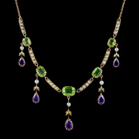 Antique Suffragette Necklace 18Ct Gold Amethyst Peridot Pearl Circa 1910 London And Ryder Boxed