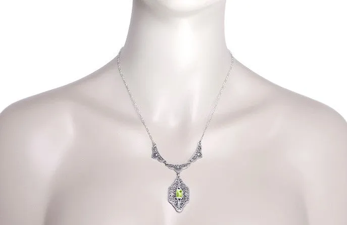Art Deco Filigree Peridot Dangle Drop Pendant Necklace in Sterling Silver