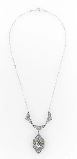 Art Deco Filigree Peridot Dangle Drop Pendant Necklace in Sterling Silver