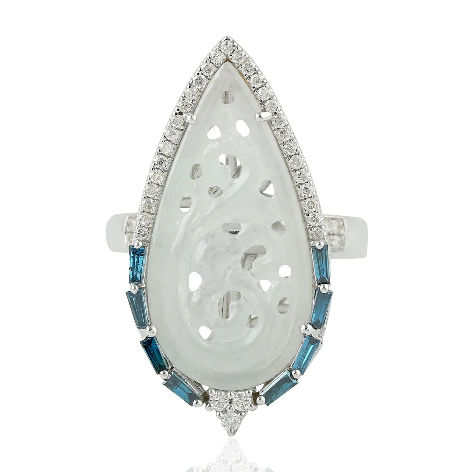 Baguette Diamond Filigree Jade Pear Shaped Long Ring In 18k White Gold