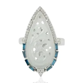 Baguette Diamond Filigree Jade Pear Shaped Long Ring In 18k White Gold