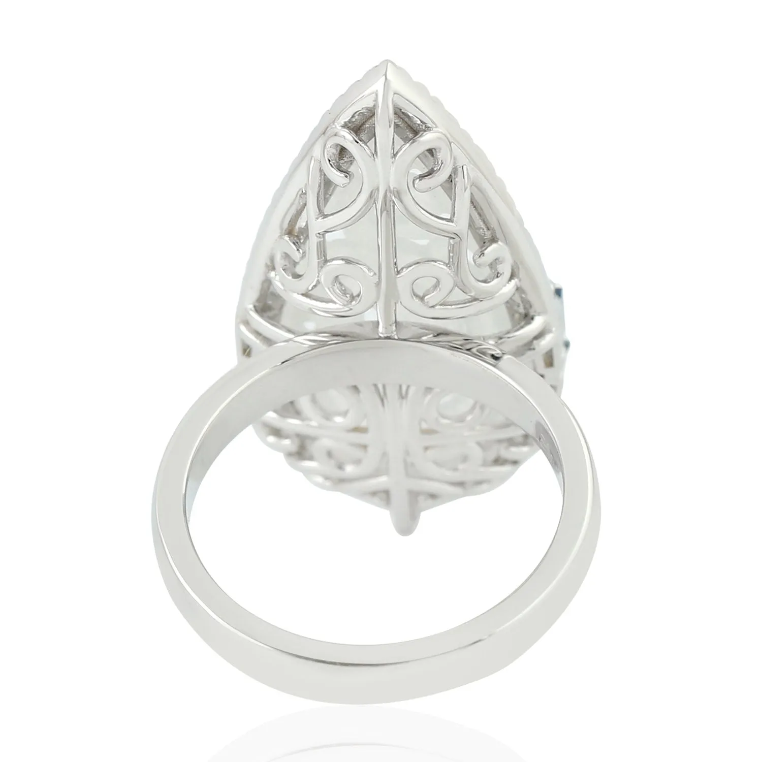 Baguette Diamond Filigree Jade Pear Shaped Long Ring In 18k White Gold