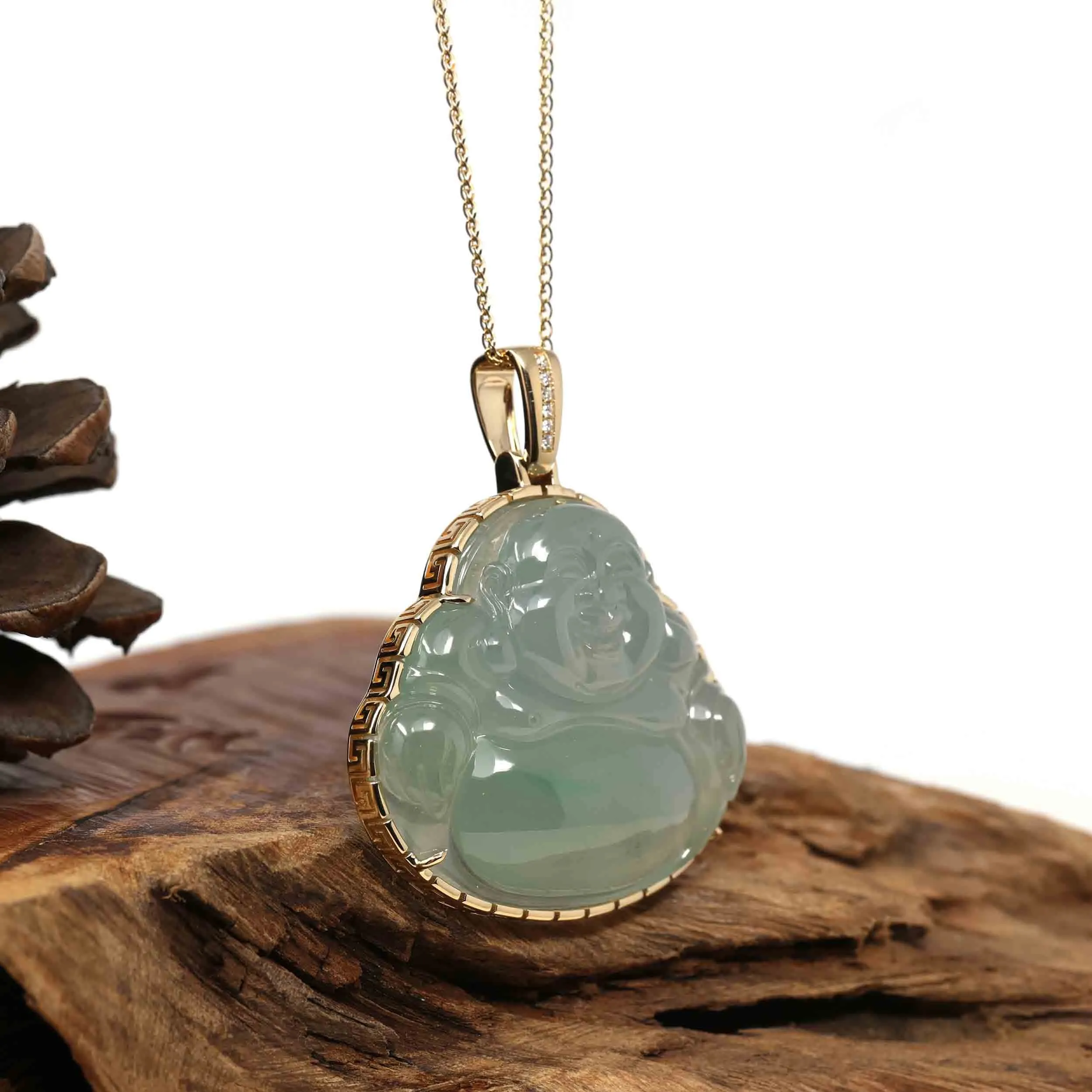 Baikalla 18K Rose Gold Genuine Burmese Ice Jadeite Jade Buddha Pendant with Diamonds