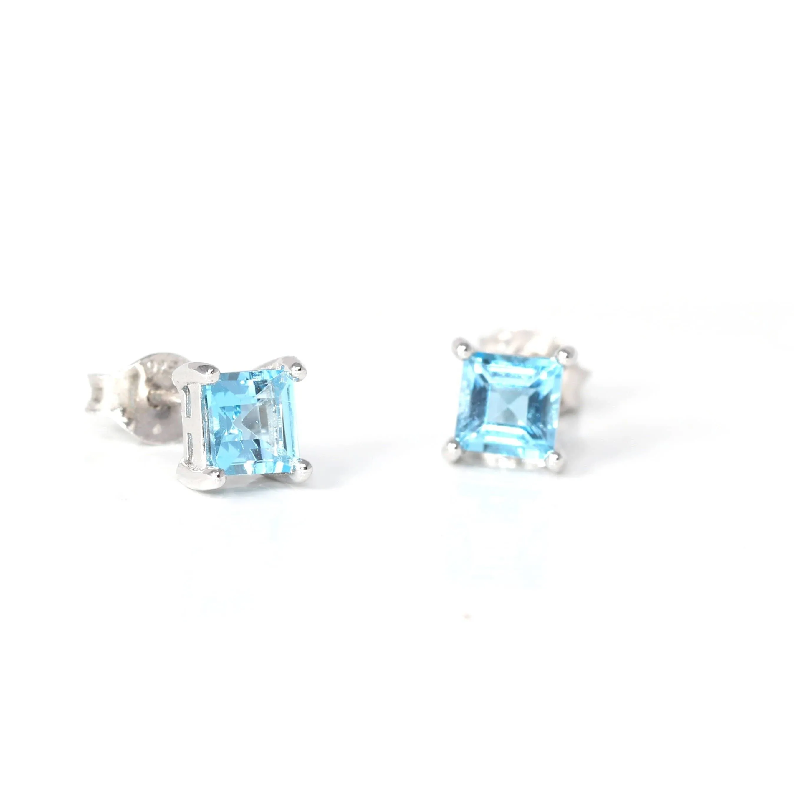 Baikalla™ Classic Sterling Silver Natural Swiss Blue Princess Cut Topaz Stud Earrings