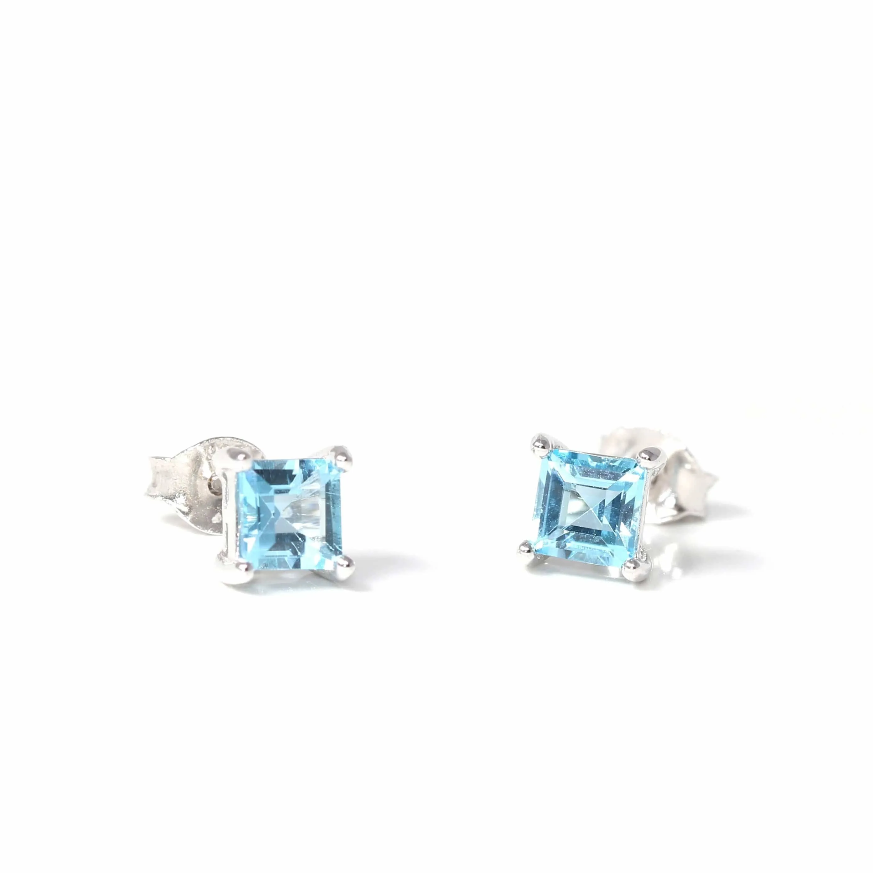 Baikalla™ Classic Sterling Silver Natural Swiss Blue Princess Cut Topaz Stud Earrings