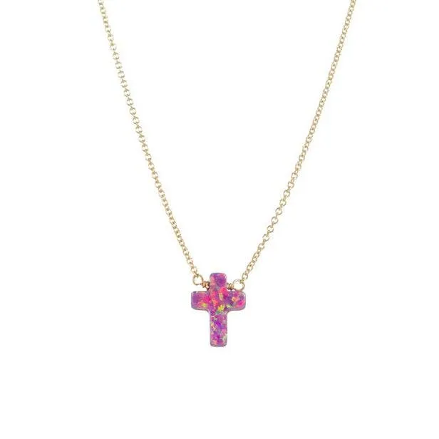 bara boheme - "CROSS" Opal Necklace - Small: Bubble gum / 14KG FILLED