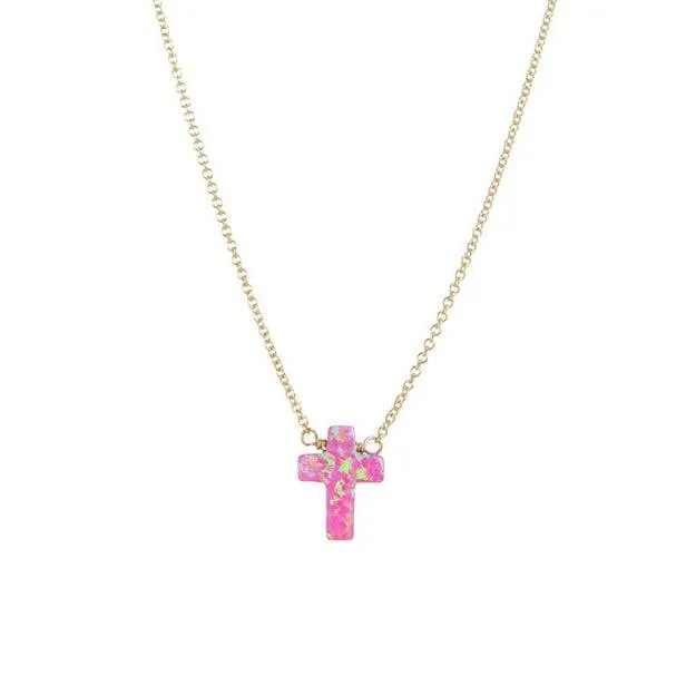 bara boheme - "CROSS" Opal Necklace - Small: Bubble gum / 14KG FILLED