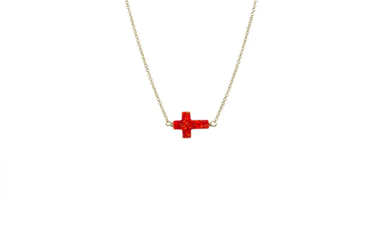 bara boheme - "CROSS" Opal Necklace - Small: Bubble gum / 14KG FILLED