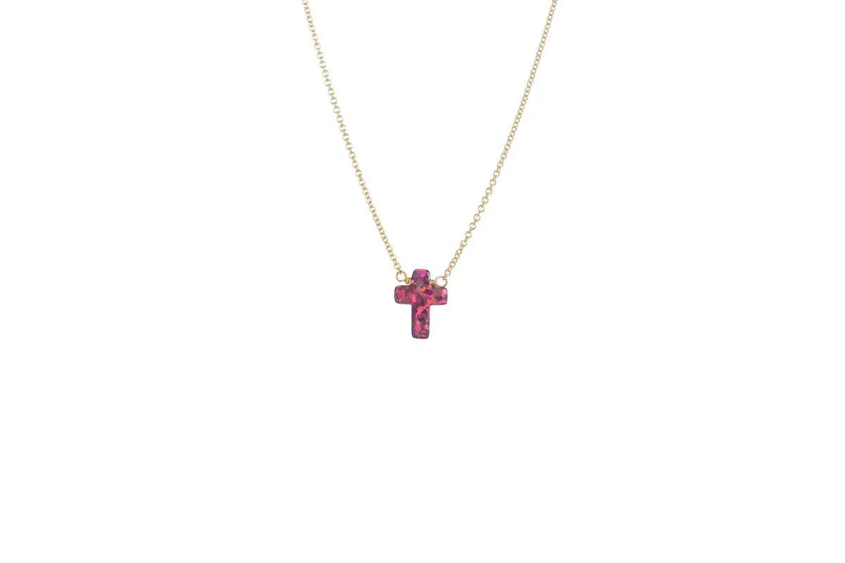 bara boheme - "CROSS" Opal Necklace - Small: Bubble gum / 14KG FILLED