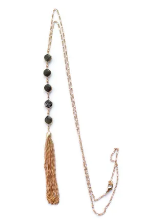 Billie Black Circle Quartz Disc Long Tassel Chain Necklace
