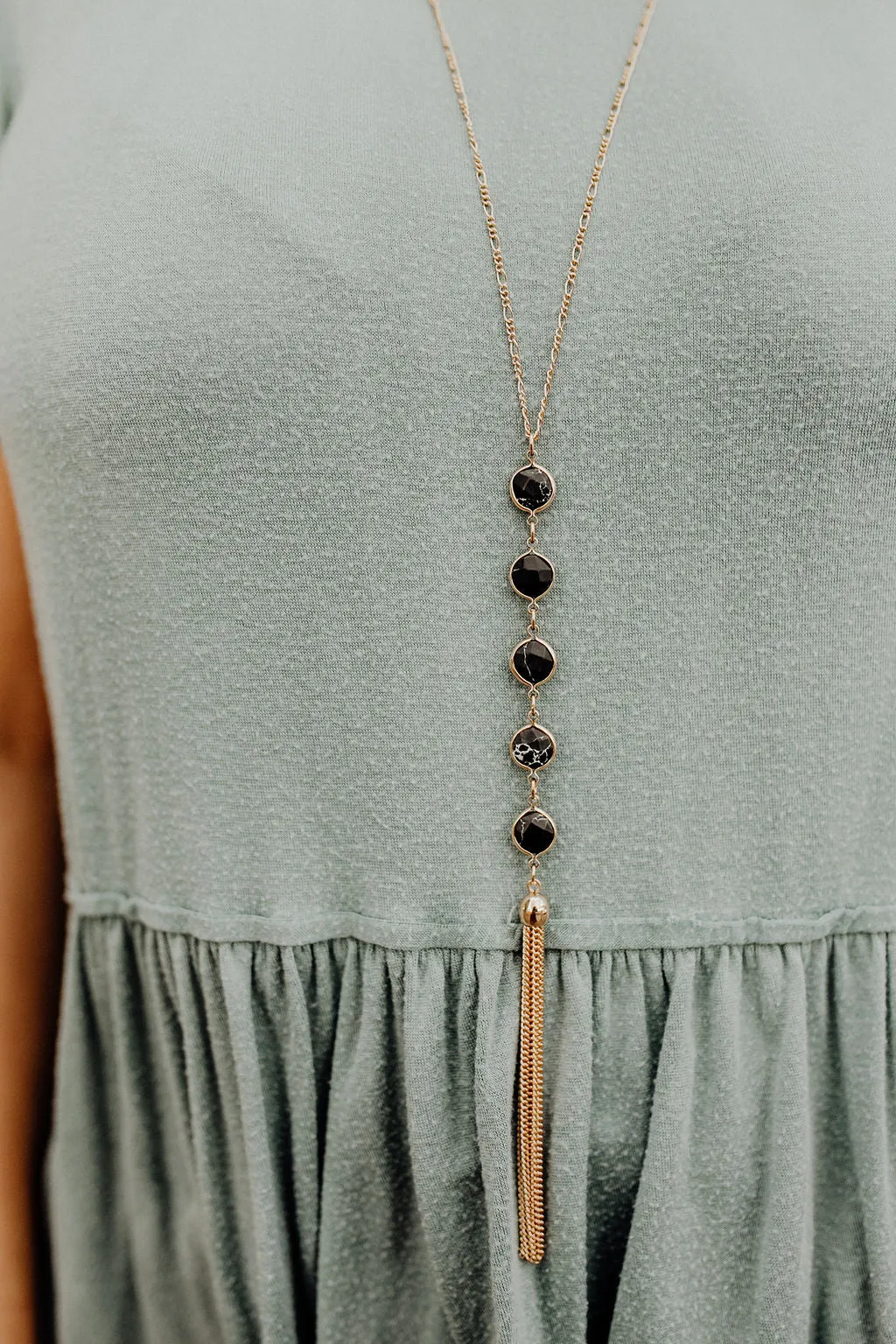 Billie Black Circle Quartz Disc Long Tassel Chain Necklace