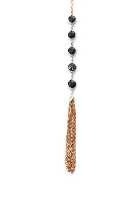 Billie Black Circle Quartz Disc Long Tassel Chain Necklace