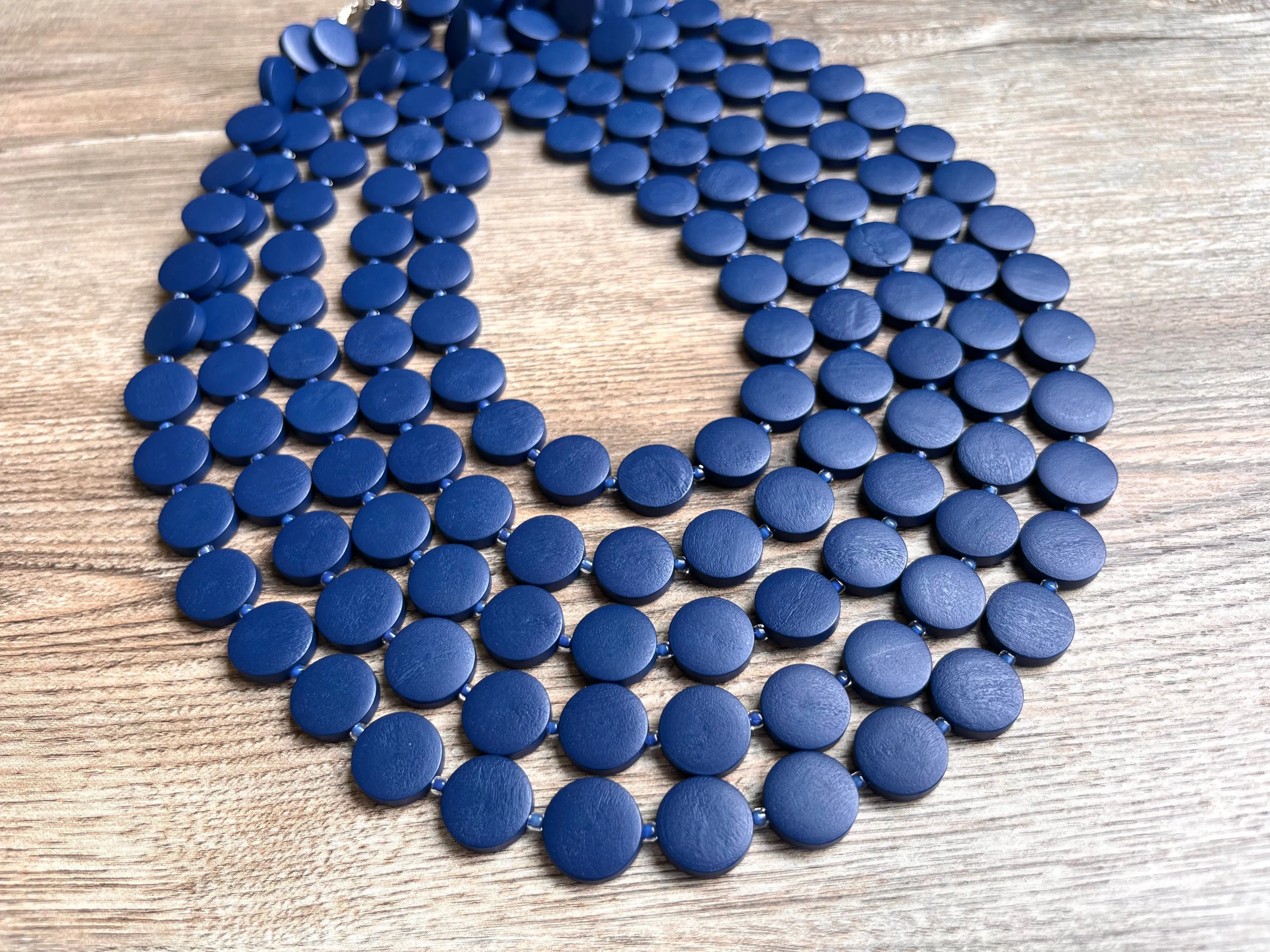 Blue Wood Bead Multi Strand Chunky Statement Necklace - Charlotte