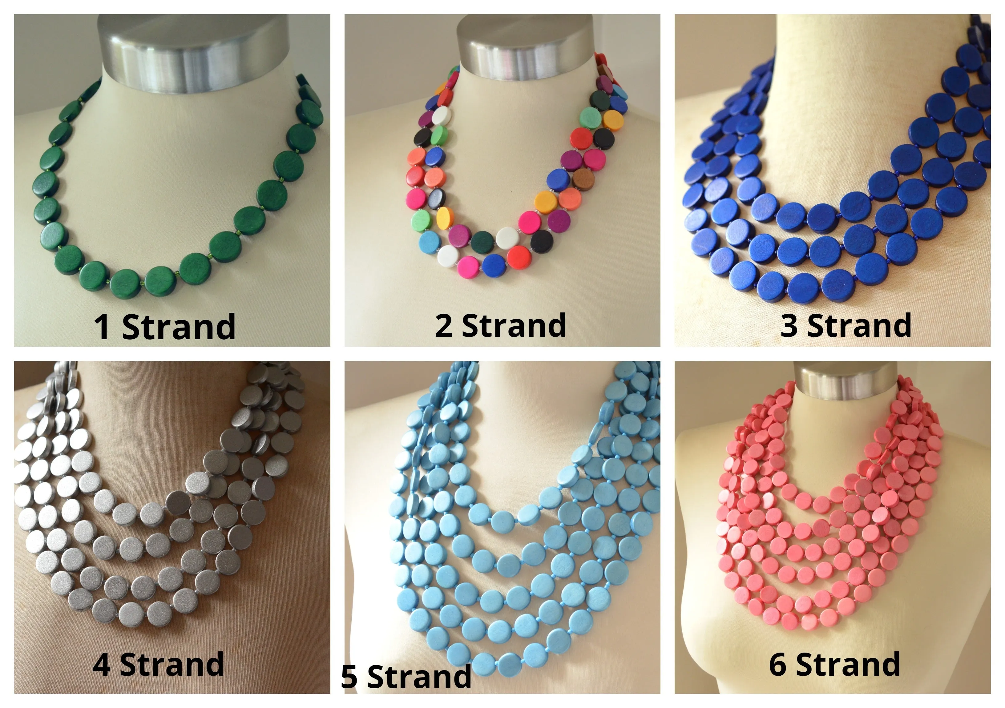Blue Wood Bead Multi Strand Chunky Statement Necklace - Charlotte