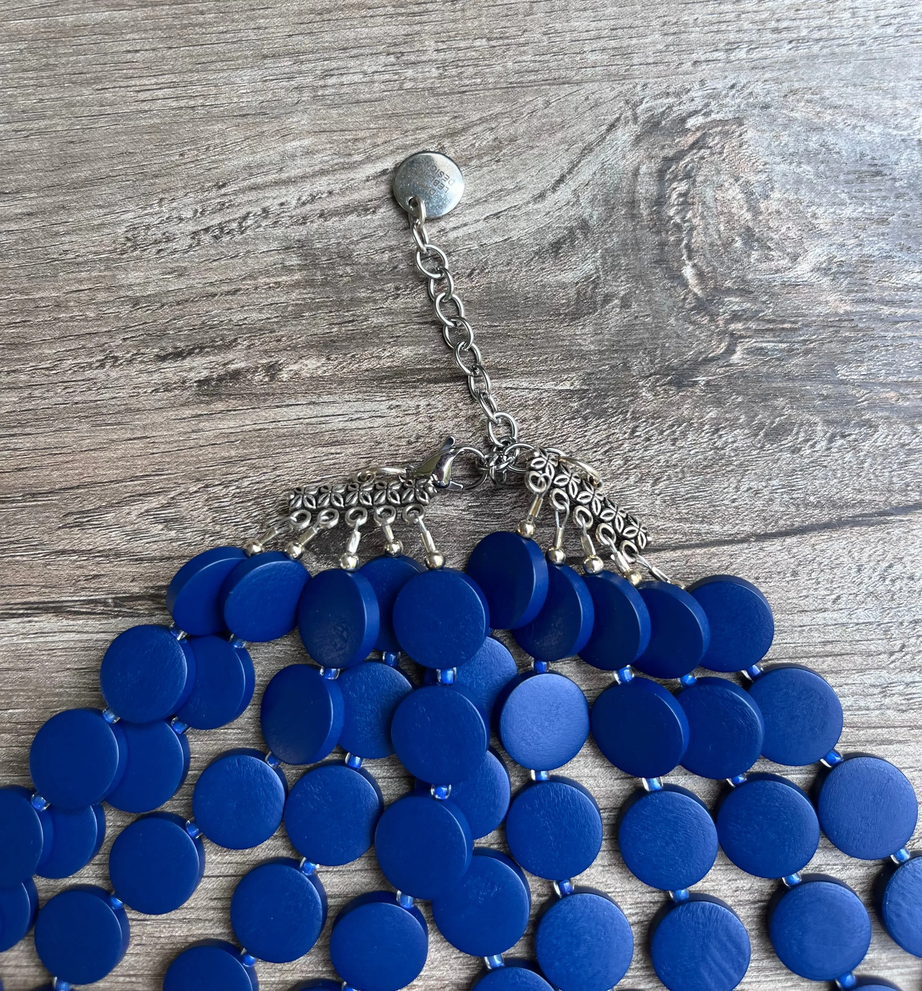 Blue Wood Bead Multi Strand Chunky Statement Necklace - Charlotte