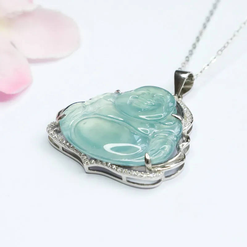Buddha Pendant Fortune Necklace in Myanmar Blue Green Jade with Zircon