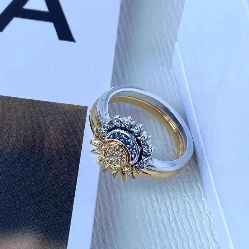 Celestial Crystal Blue Moon & Sun Ring: Elegant Cosmic Style